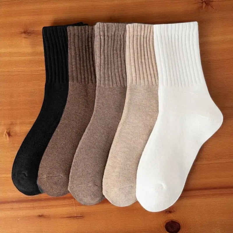 Ensemble de cinq chaussettes en laine dans des tons neutres alignées sur une table.