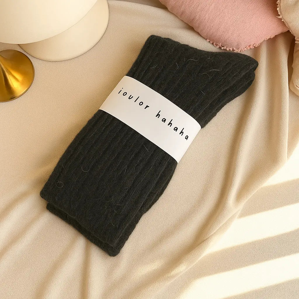 Paire de chaussettes noires en cachemire sur fond crème, avec coussin rose et lumière dorée.
