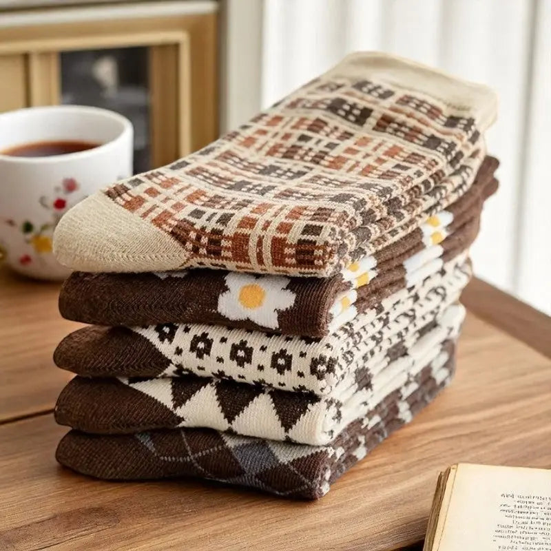 Pile de chaussettes d’hiver au style rétro-chic, mise en scène sur une table avec une tasse de thé.