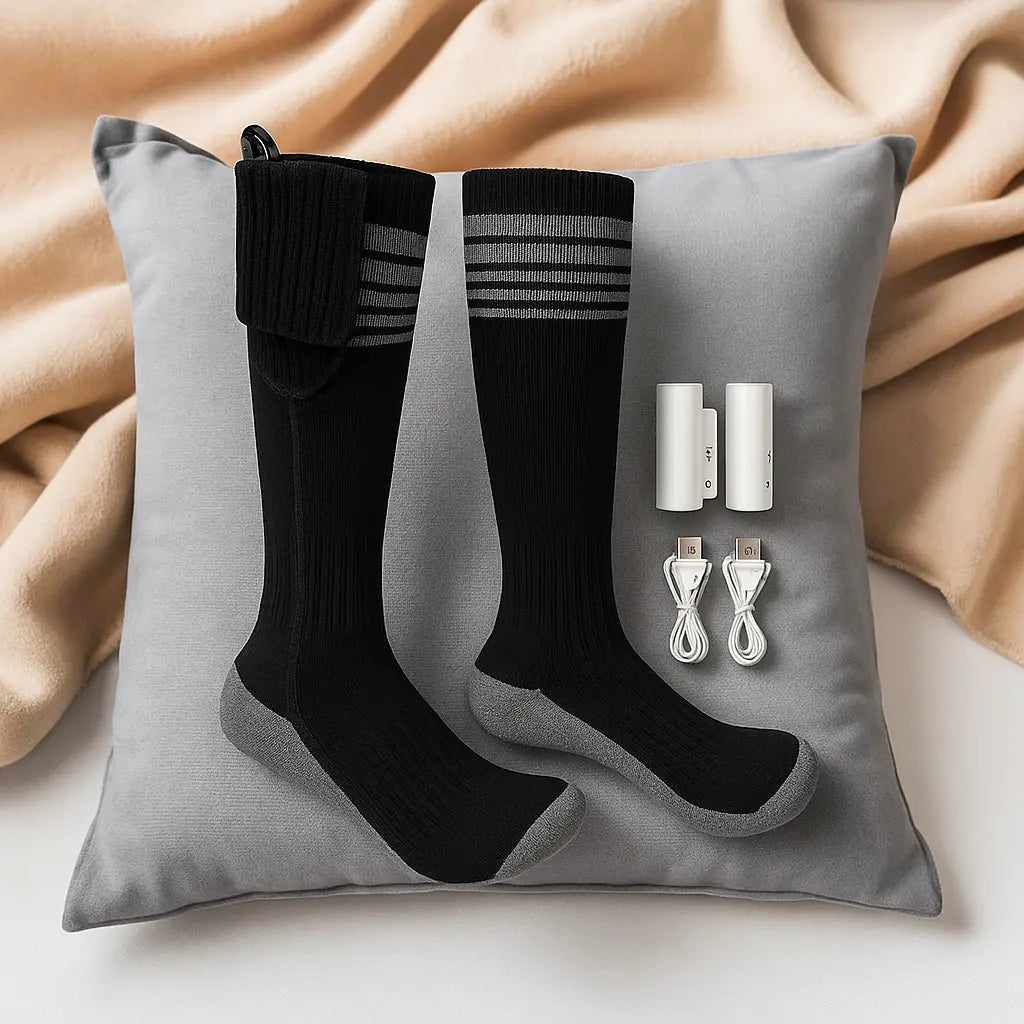 Chaussettes thermiques noires accompagnées de deux batteries rechargeables et câbles USB, sur coussin gris.