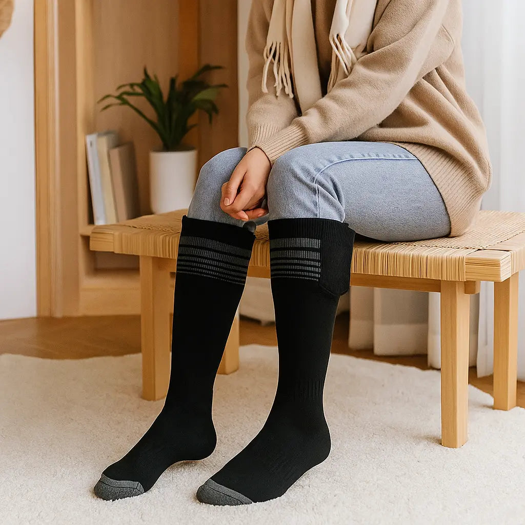 Femme assise portant des chaussettes thermiques noires avec semelle grise, assise sur un banc en bois clair.