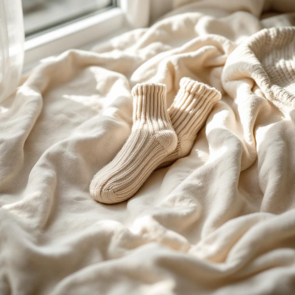 Une paire de chaussettes tricotées douces délicatement pliées sur une couverture en lin beige clair.