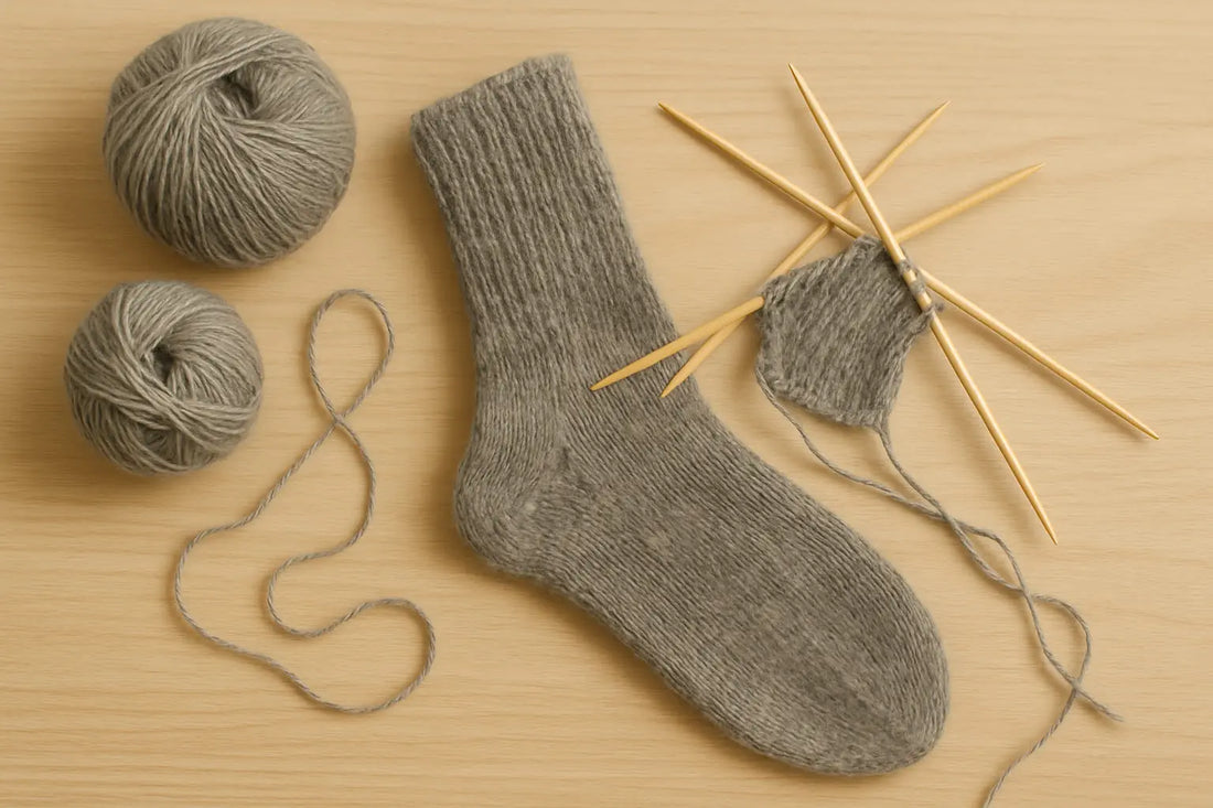 Chaussette grise tricotée à la main avec pelotes de laine et aiguilles – savoir-faire artisanal et douceur naturelle.