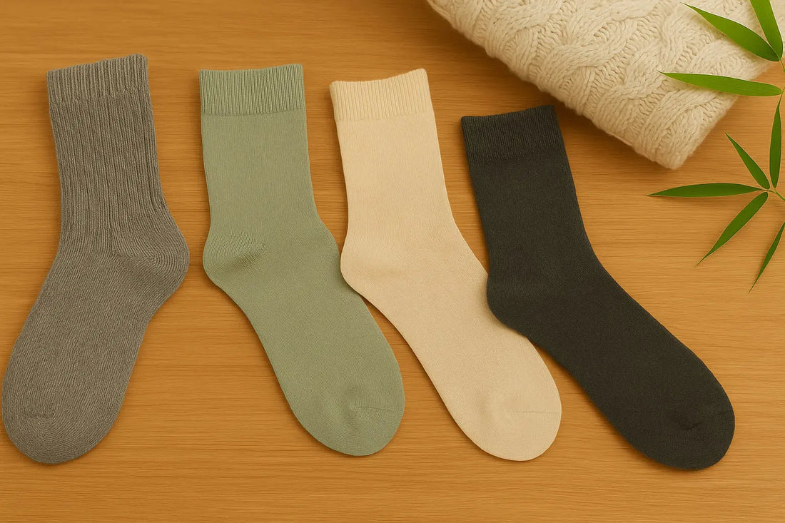 Quatre paires de chaussettes en laine, bambou et coton alignées sur une table en bois – matières naturelles et douces.