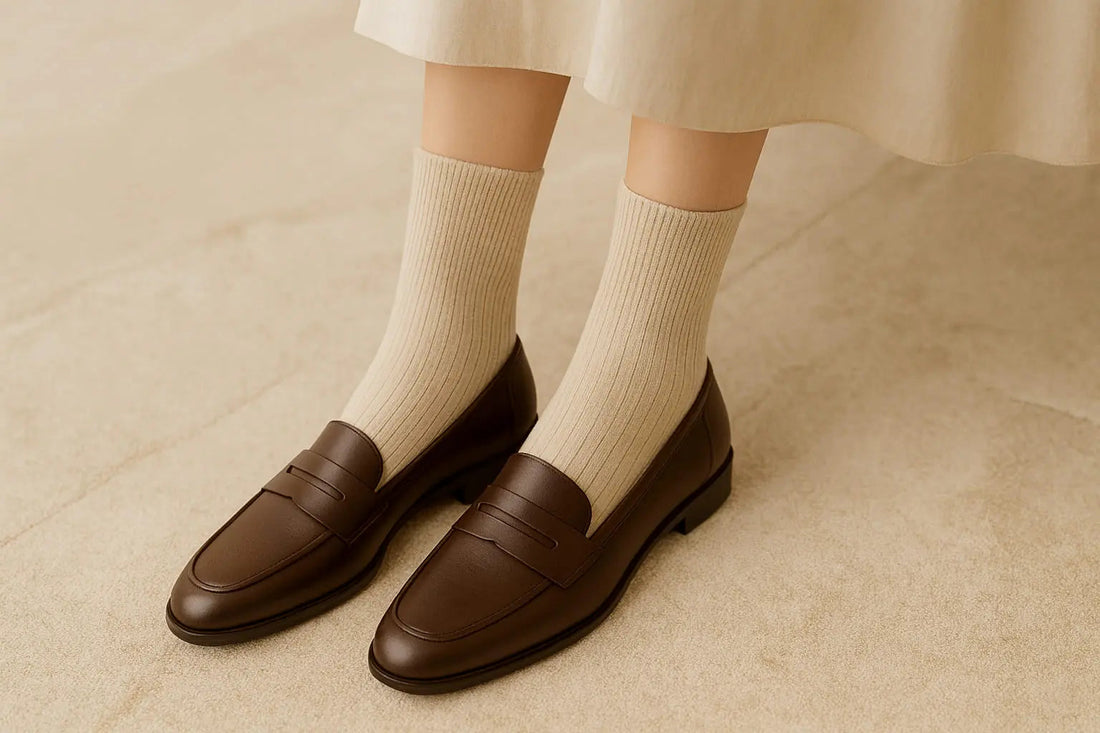 Chaussettes beiges portées avec des mocassins en cuir marron – style féminin élégant et intemporel.