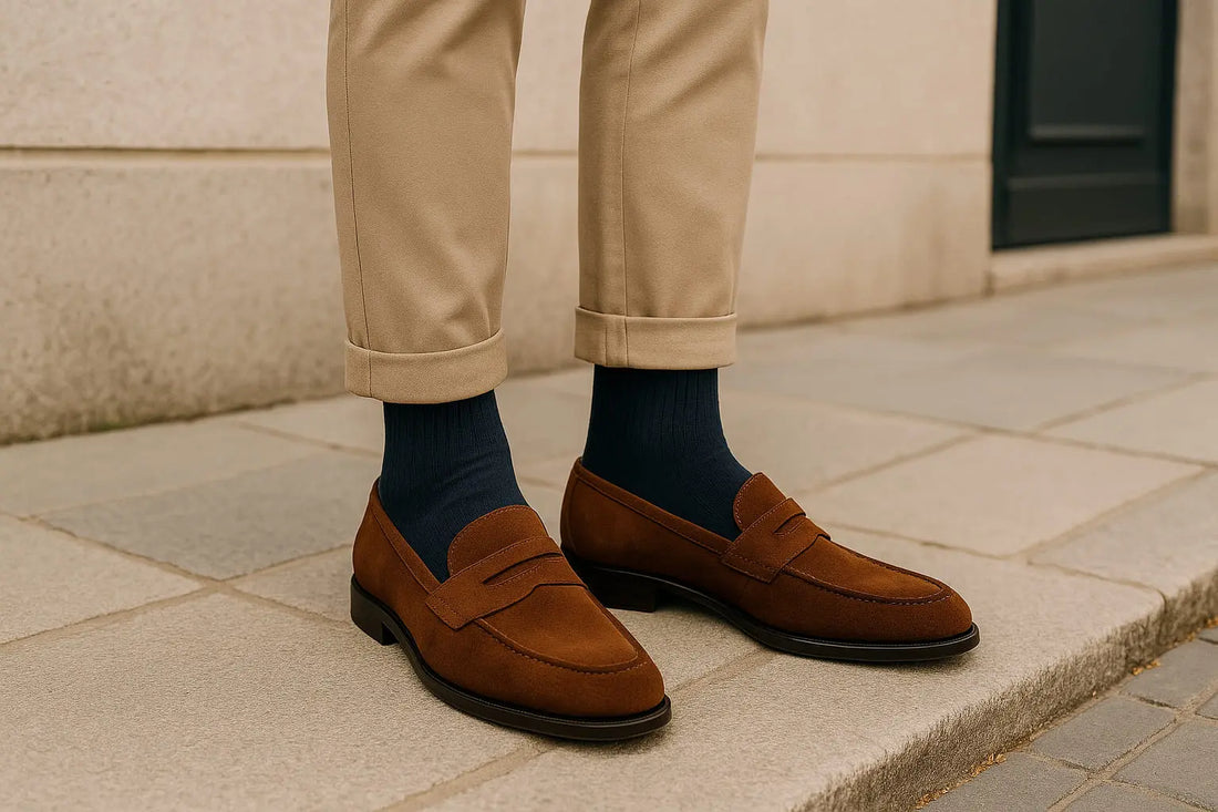 Chaussettes bleu marine assorties à des mocassins camel – look chic et décontracté pour homme moderne.