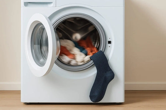 Une chaussette bleue pend d’une machine à laver ouverte – illustration de l’entretien et du lavage des chaussettes.