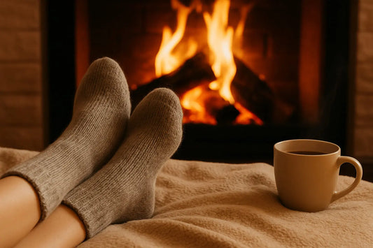 Pieds au chaud dans des chaussettes en laine devant une cheminée – détente et chaleur hivernale.