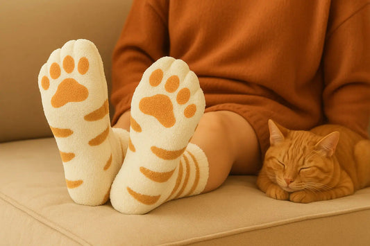 Chaussettes patte de chat moelleuses couleur crème et orange, portées sur un canapé avec un chat endormi – confort et originalité.
