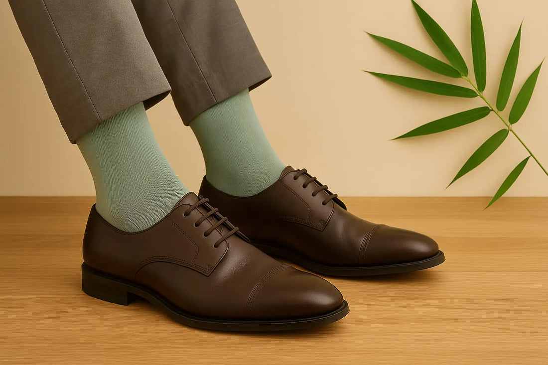 Chaussettes vert bambou portées avec des chaussures en cuir marron – style élégant et éco-responsable pour homme.