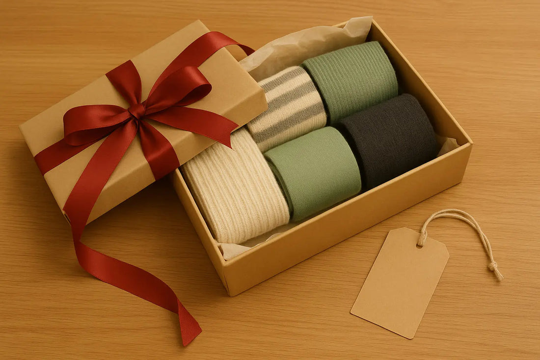 Coffret cadeau contenant quatre paires de chaussettes vertes, beiges et noires, emballé d’un ruban rouge – idée cadeau parfaite.