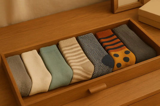 Collection de chaussettes colorées et à motifs soigneusement rangées dans un tiroir en bois – rangement organisé et esthétique.