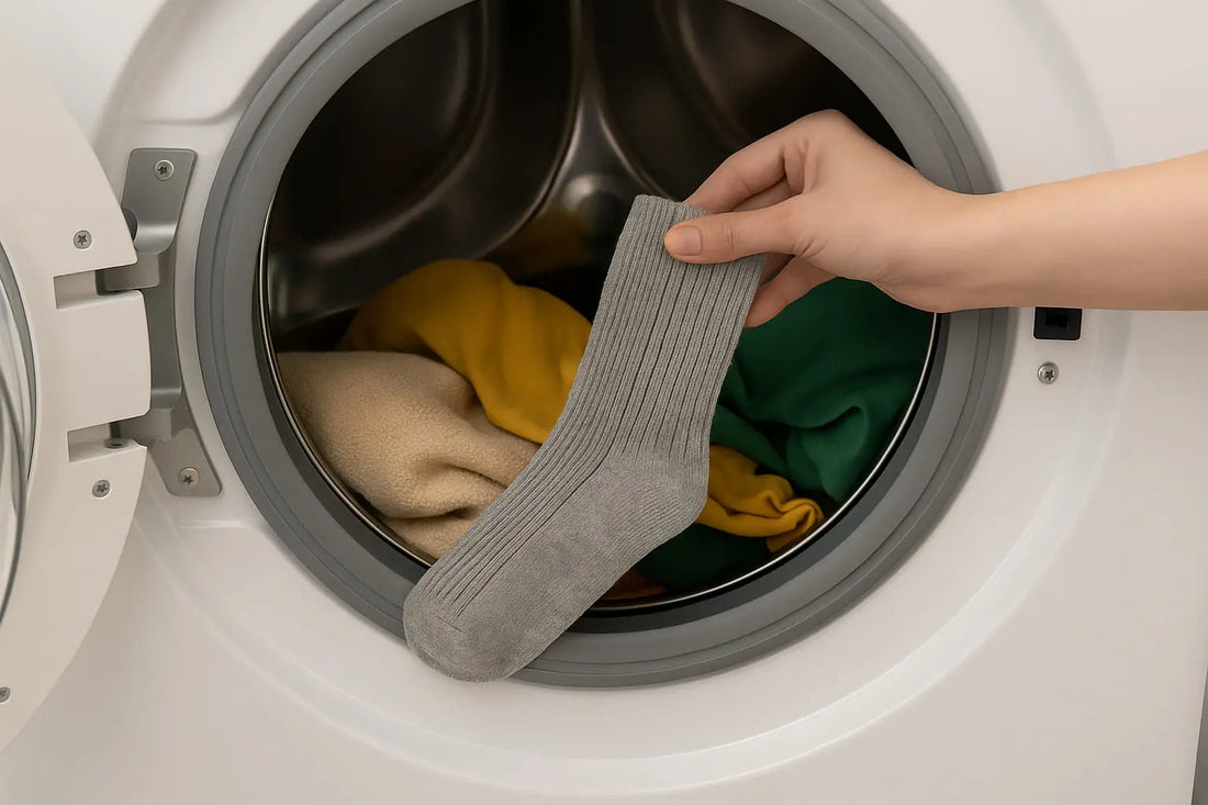 Main plaçant une chaussette grise dans le tambour de la machine à laver – conseils pour entretenir ses chaussettes.