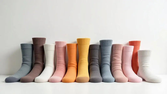 Lot de chaussettes pour homme, femme et enfants unies avec des couleurs variées, du beige au rose et au jaune.