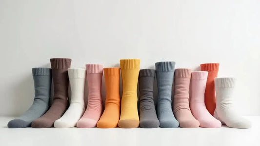 Lot de chaussettes pour homme, femme et enfants unies avec des couleurs variées, du beige au rose et au jaune.