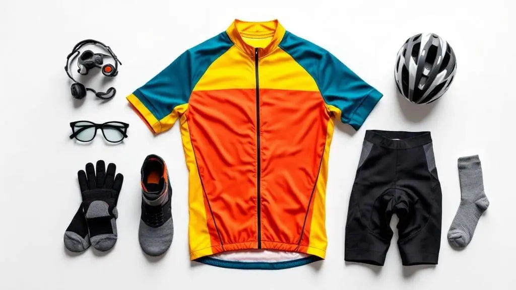 Tenue cyclisme homme complète avec maillot orange et bleu, cuissard noir, casque, gants, chaussures et chaussettes.