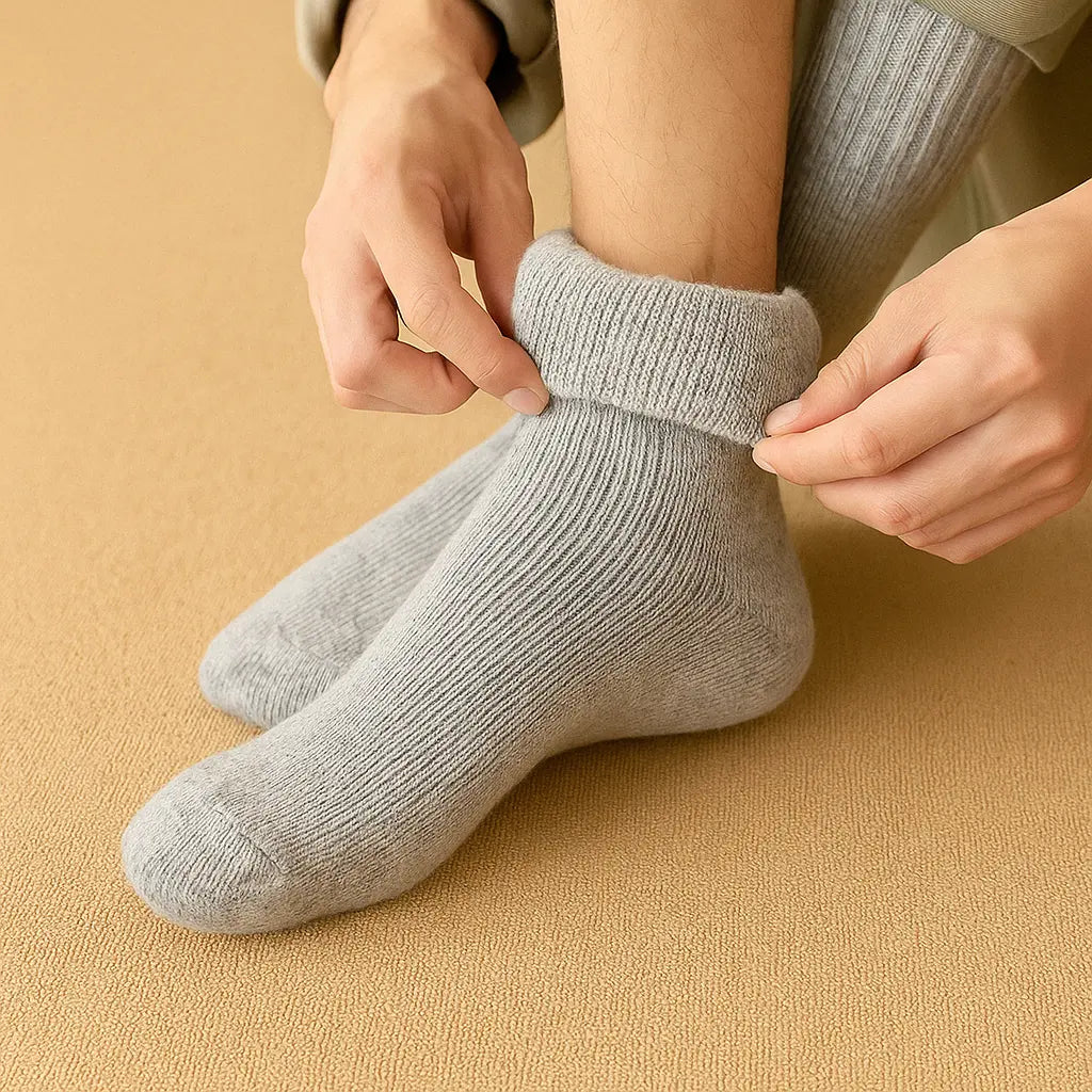 Un homme enfile une paire de chaussettes en cachemire gris clair, assis sur un tapis beige.