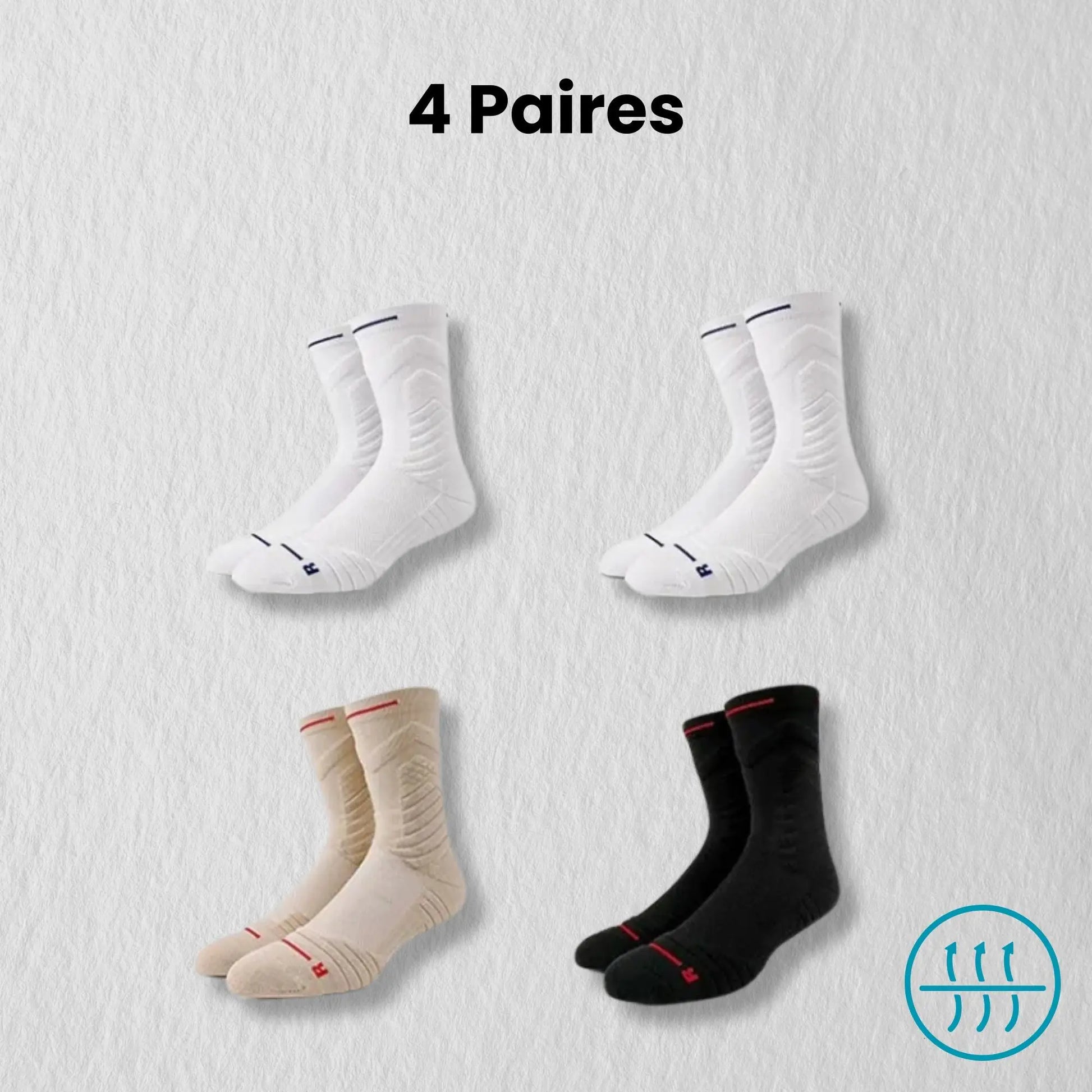4 paires de chaussettes antitranspirantes pour homme, coloris blanc deux fois, beige et noir.