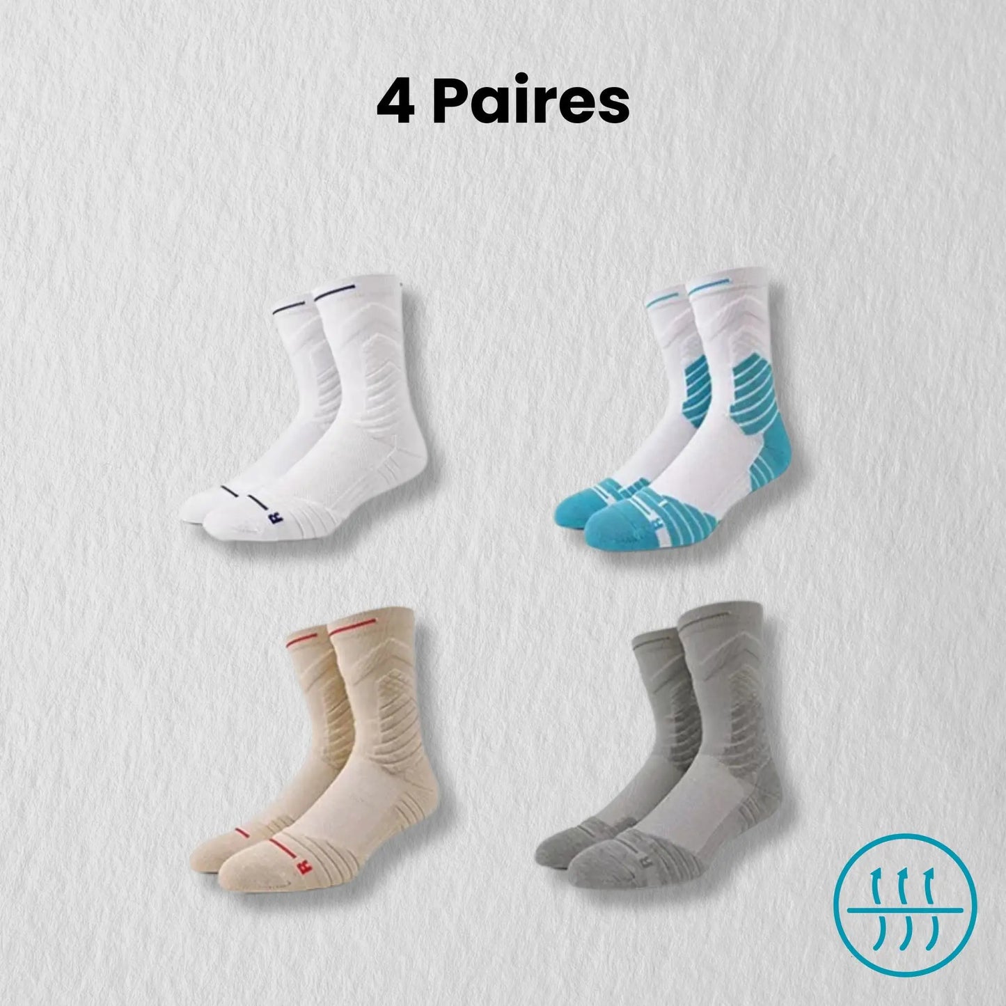 4 paires de chaussettes antitranspirantes pour homme, coloris blanc, bleu, beige et gris.