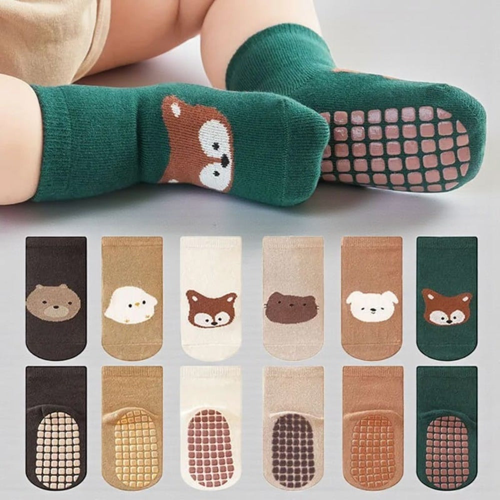Lot de chaussettes antidérapantes bébe, plusieurs couleurs et motifs animaux, semelle grip.