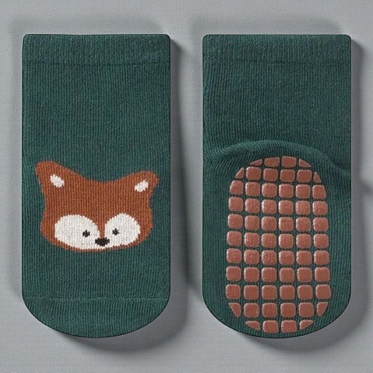 Chaussette antidérapante bébé verte motif renard avec semelle grip antiglisse.