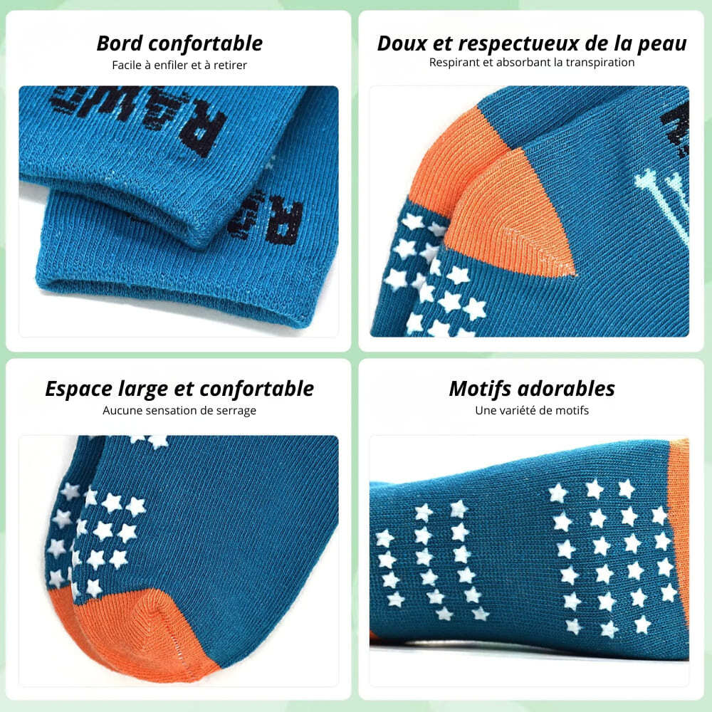 Chaussette antidérapante enfant avec bord confortable, matière respirante et motifs ludiques.