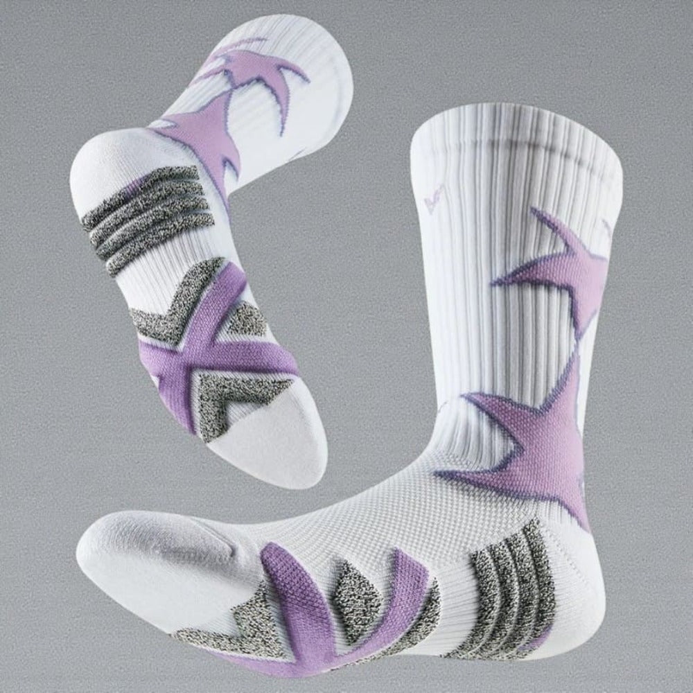 Chaussette basketball blanche et violette avec compression et amorti.