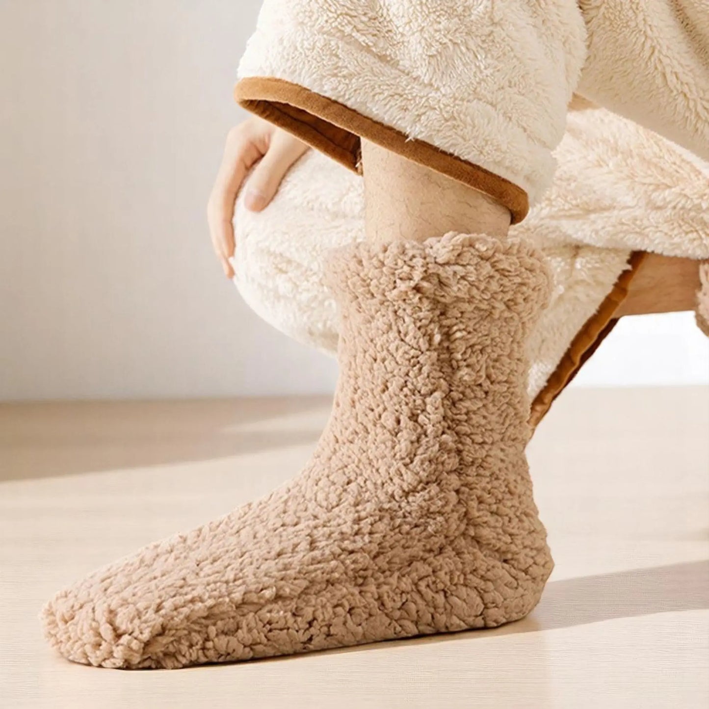 Vue de profil de chaussettes chaussons d’hiver épaisses.