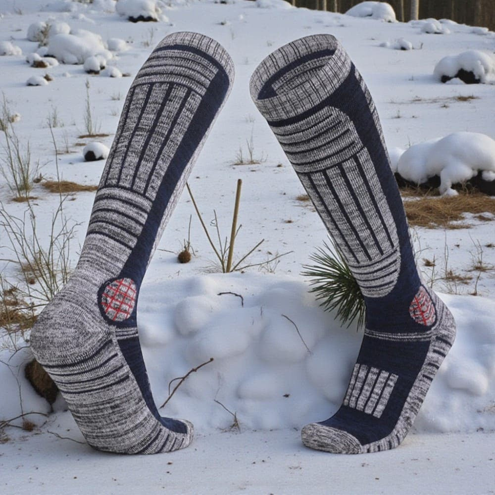 Chaussette de ski bleu foncé respirante avec renforts anti-frottements.