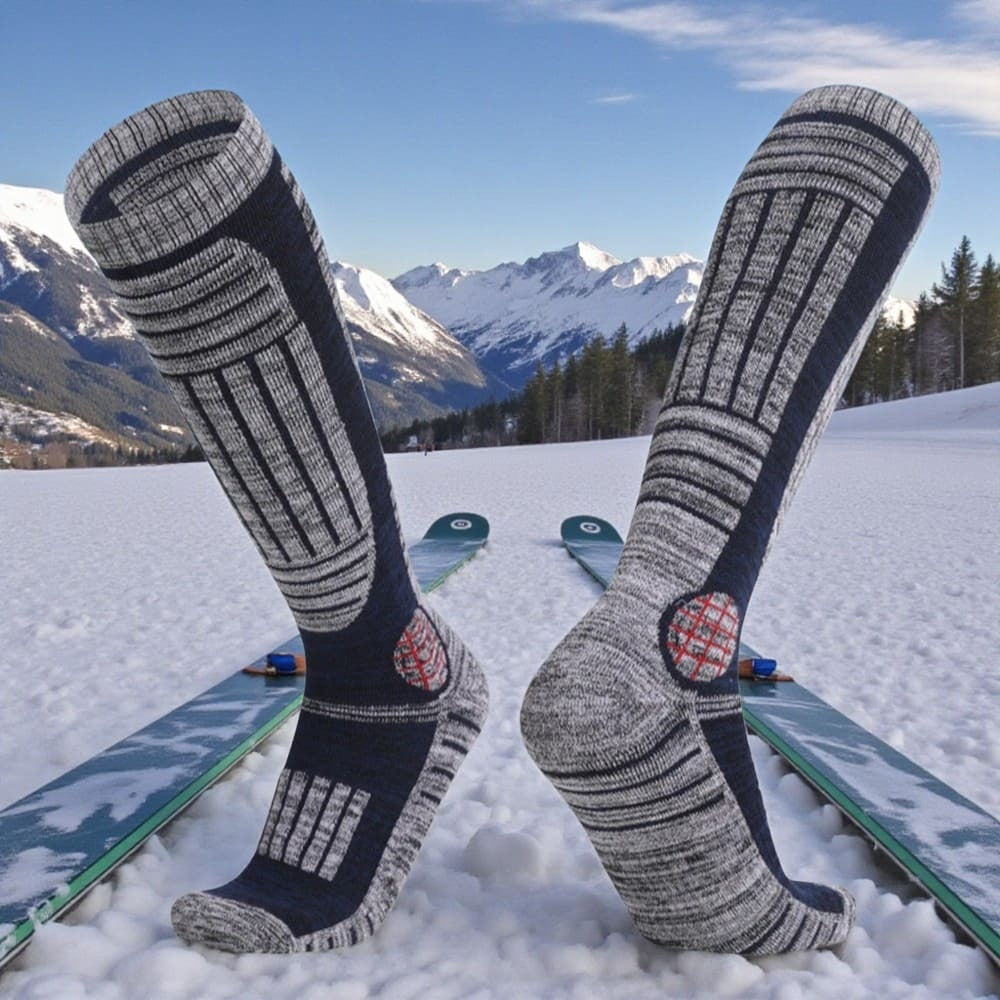 Chaussette de ski bleu glacier avec maintien optimal et protection tibiale.