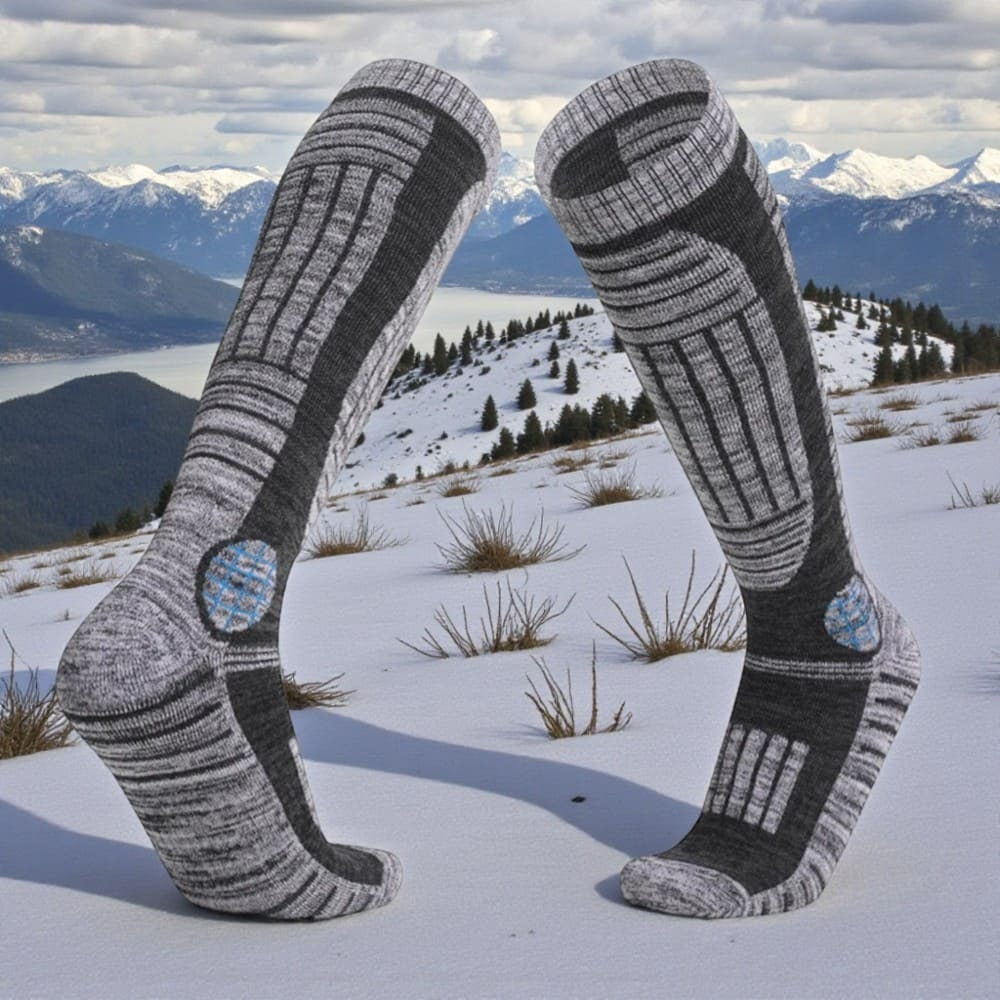 Chaussette de ski gris anthracite conçue pour garder les pieds au chaud sur les pistes.