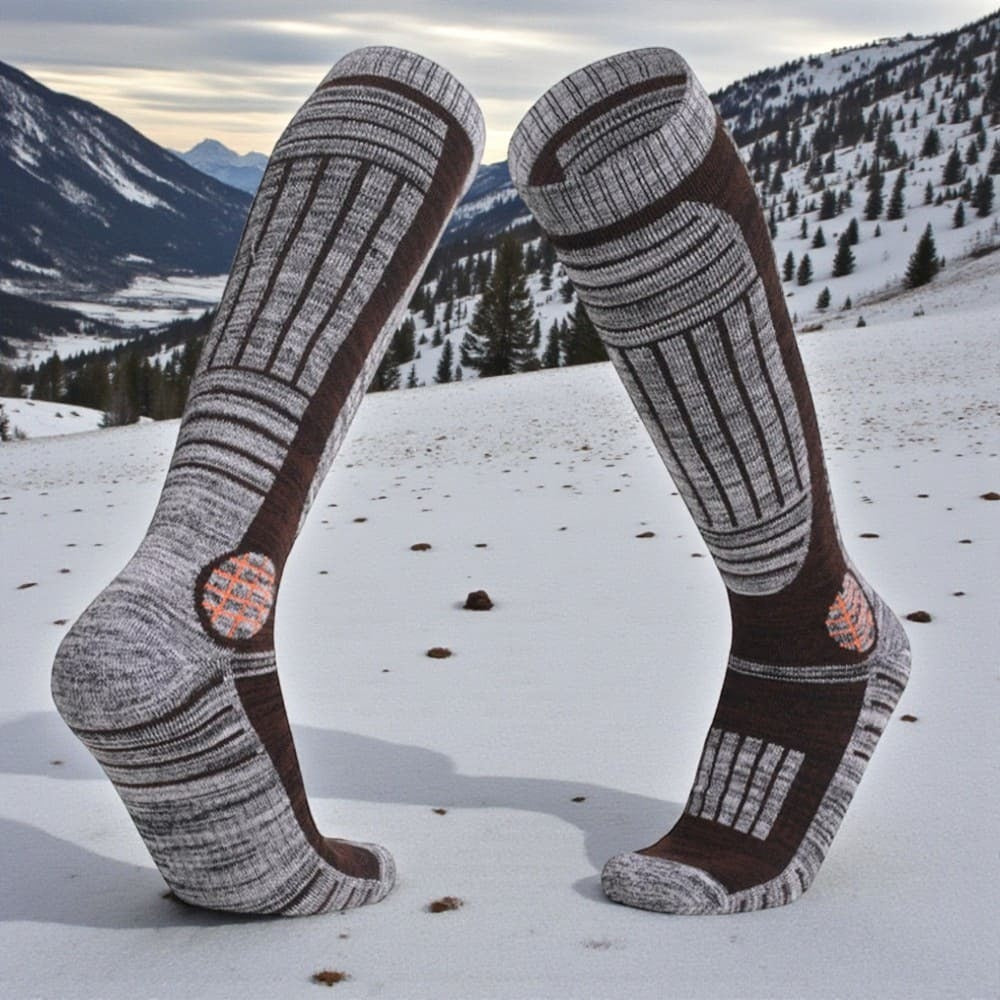 Chaussette de ski marron épaisse avec renforts, idéale pour les sports d'hiver.