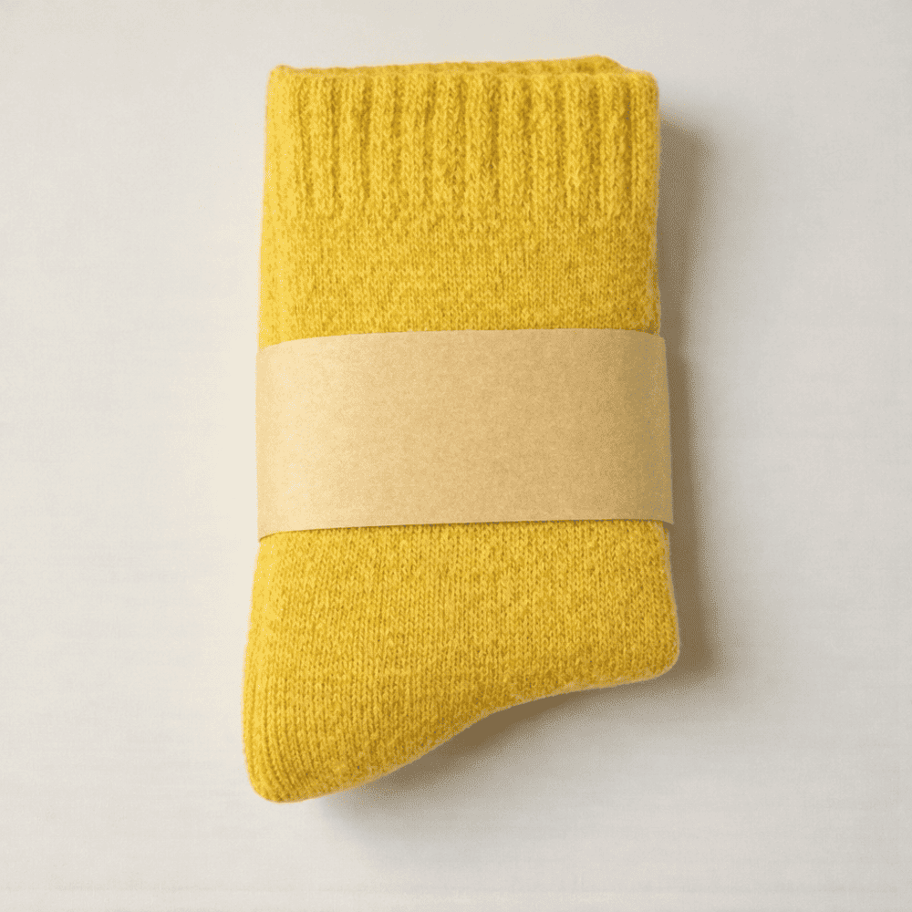 Chaussette laine enfant jaune moutarde chaude et confortable.