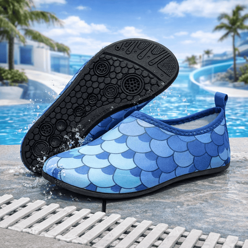 Chaussette piscine enfant à motif écailles bleues avec semelle antidérapante pour plus de stabilité au bord de l’eau.
