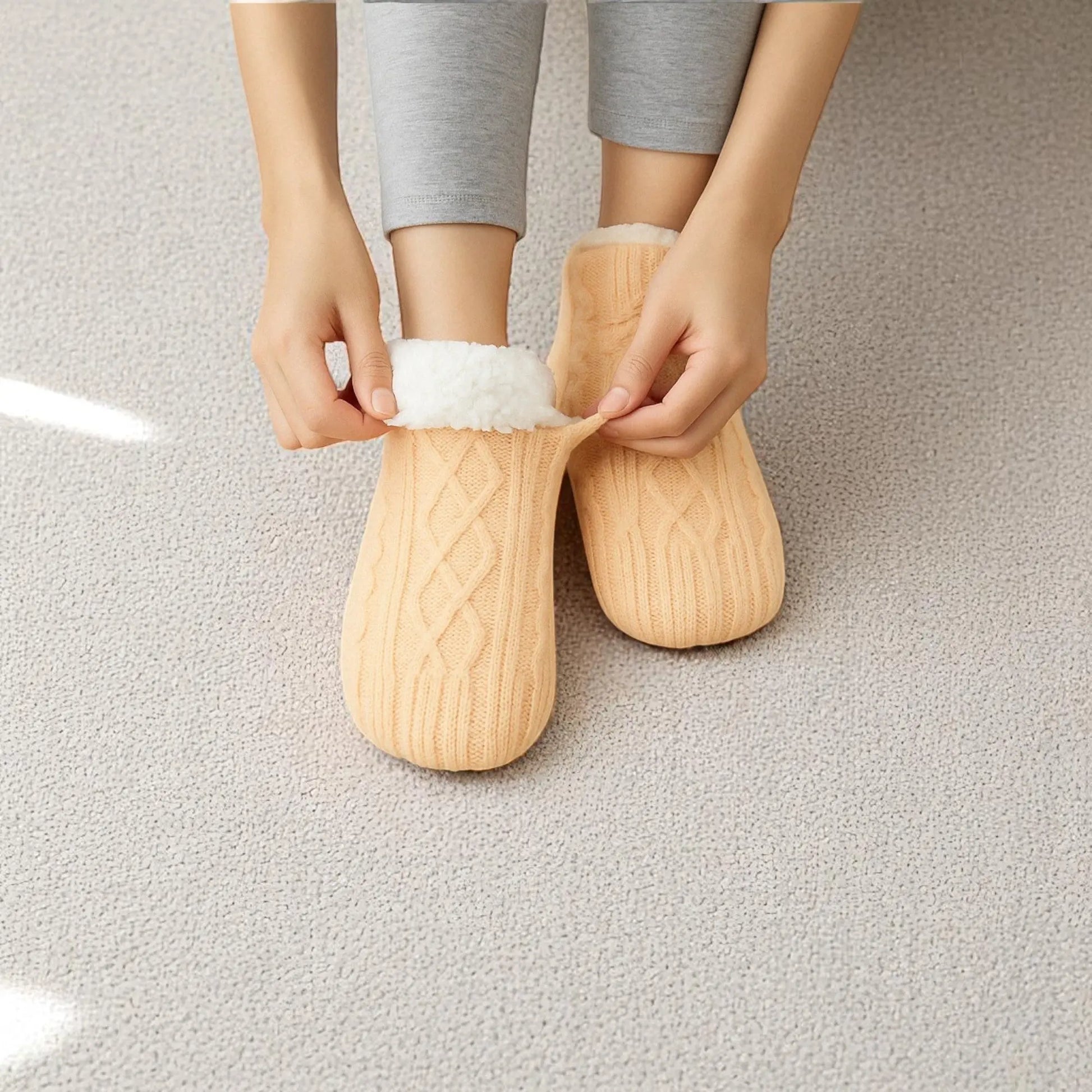 Chaussettes tricotées abricot pour homme avec doublure en fausse fourrure blanche.