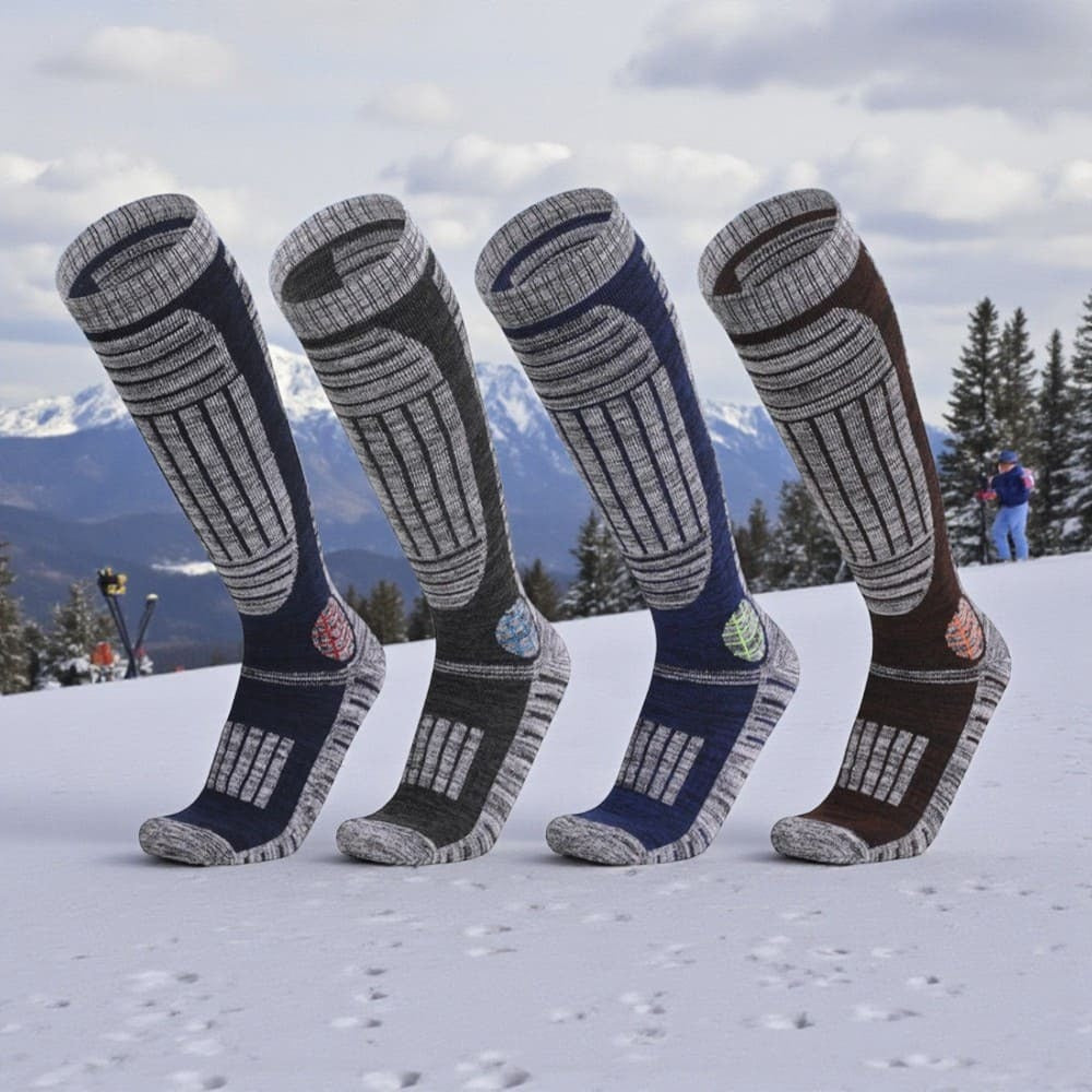 Chaussettes de ski multicolores avec protection tibia et talon pour le ski.