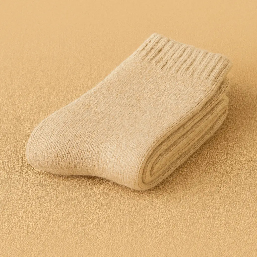 Chaussettes cachemire homme beige clair, soigneusement pliées sur une surface beige moelleuse.