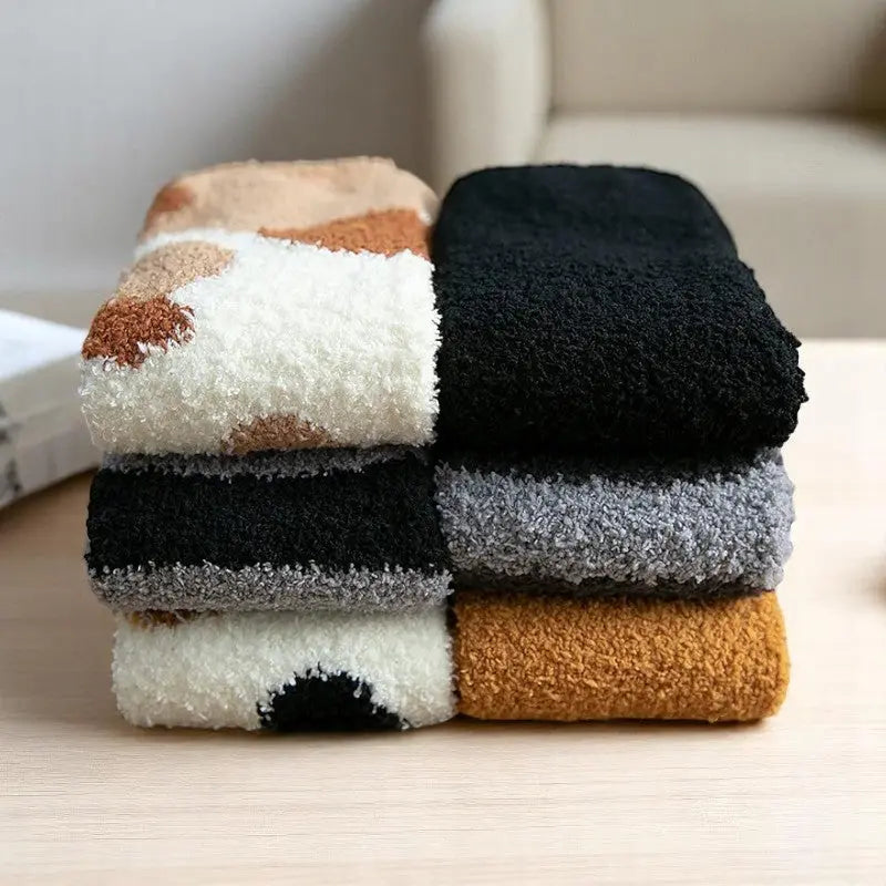 Chaussettes félines douillettes pliées en pile avec motifs de pattes de chat.