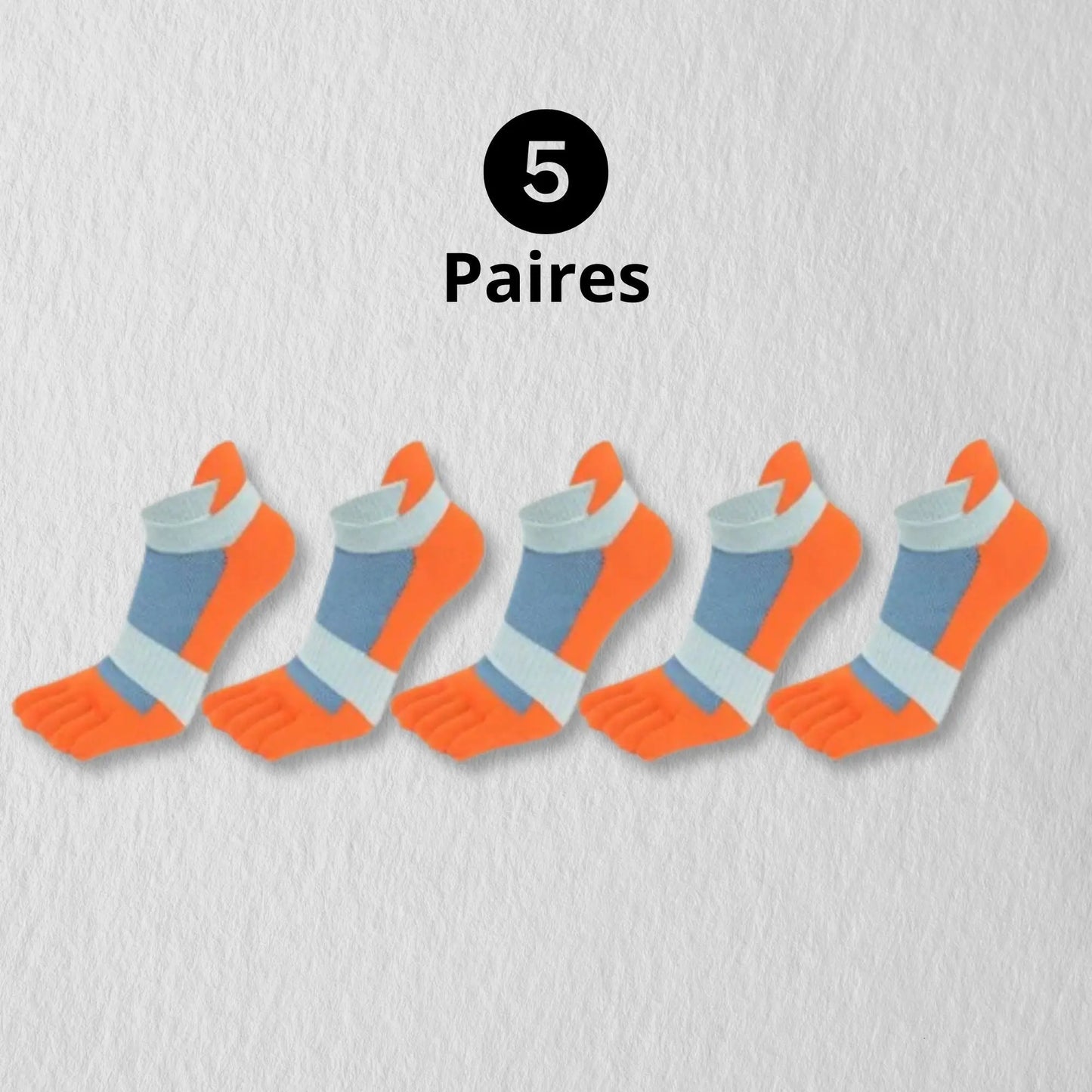 Pack original chaussettes orange et bleues à orteils séparés.