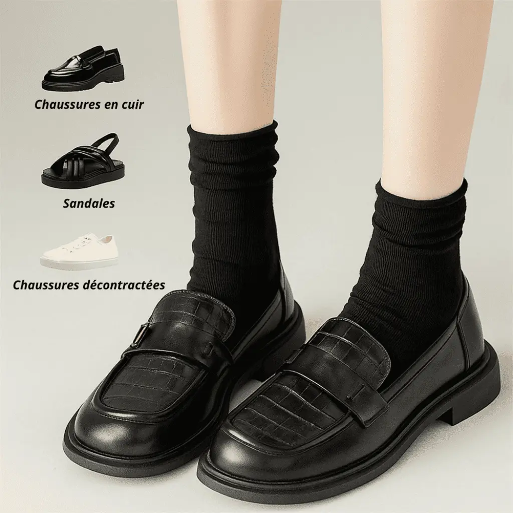 Chaussettes noires femme compatibles avec chaussures en cuir, sandales et baskets décontractées.