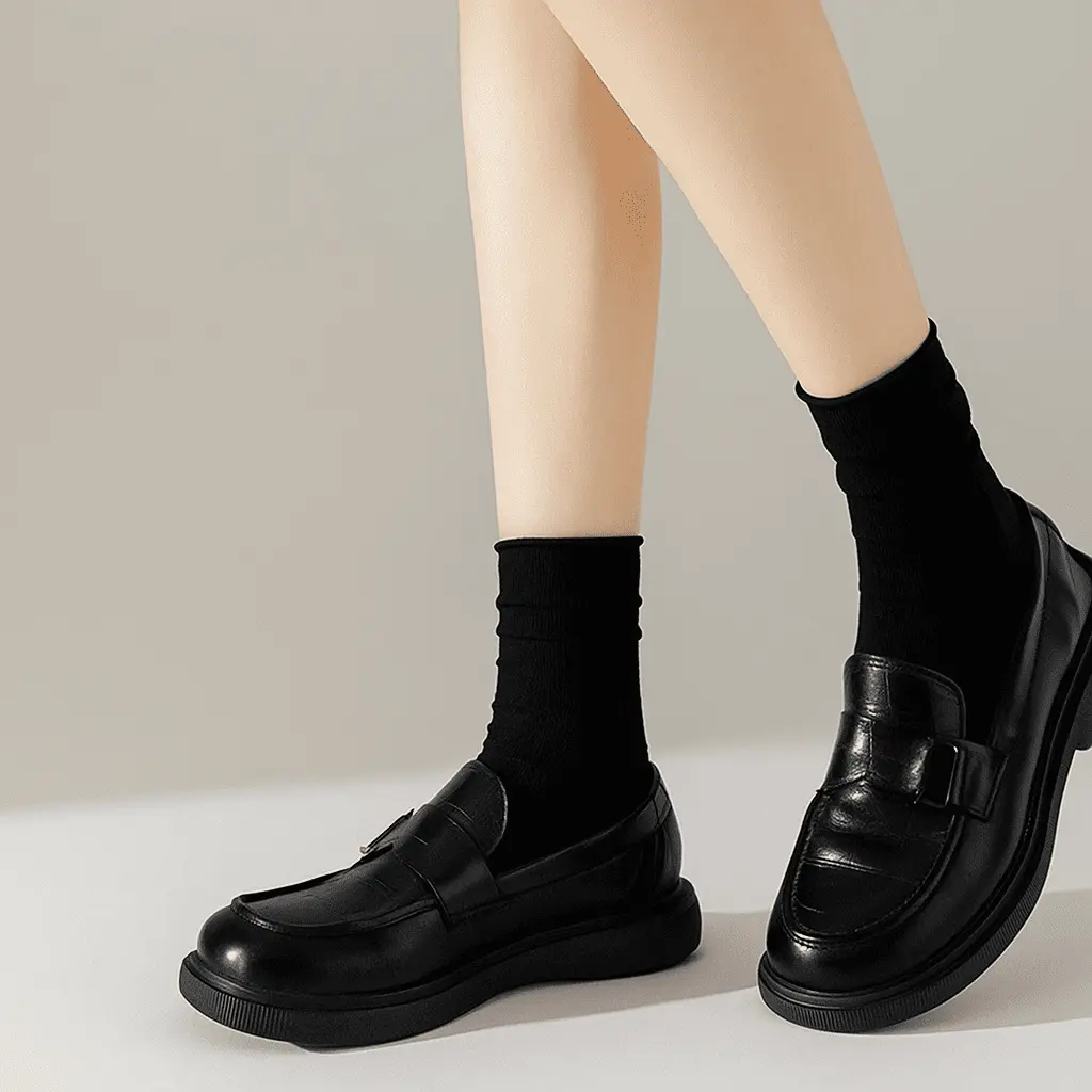 Chaussettes noires femme portées avec mocassins élégants, parfaites pour un look raffiné.