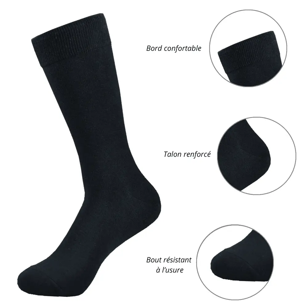 Détails chaussettes noires homme avec talon renforcé, bord élastique et bout résistant à l’usure.