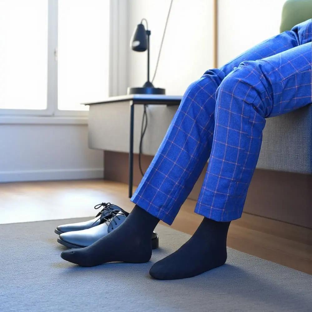 Chaussettes noires homme portées avec pantalon bleu élégant, style professionnel et confortable.