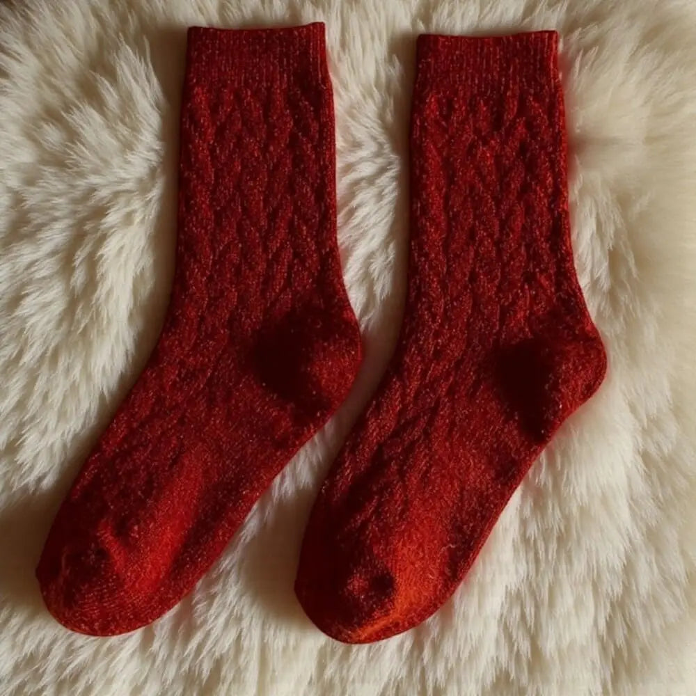 Chaussettes rouges femme texture tressée sur fond duveteux.