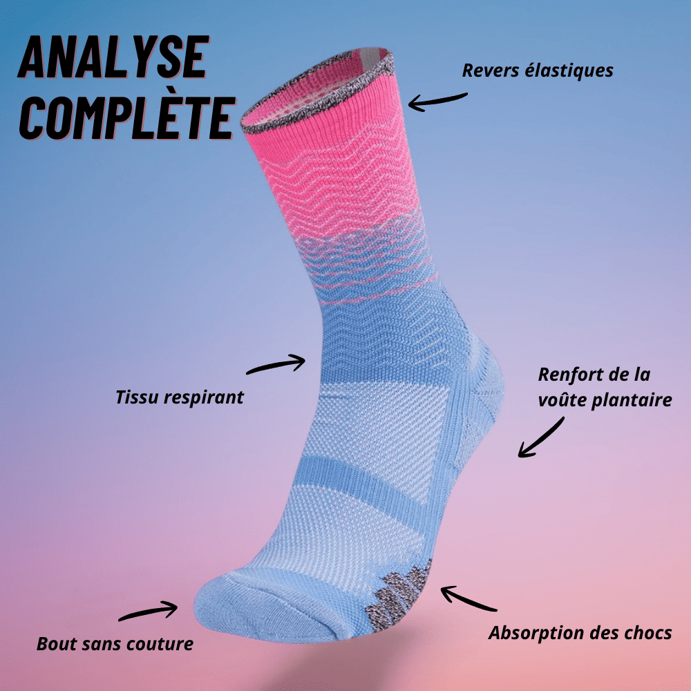 Infographie chaussettes running détaillant tissu respirant, renforts, compression et zones d’amorti.