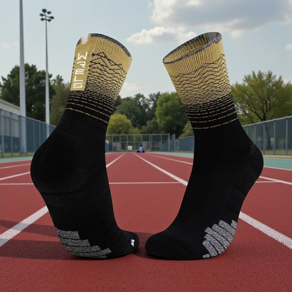 Chaussettes running noires et or avec renforts techniques pour réduire la fatigue du pied lors des entraînements.