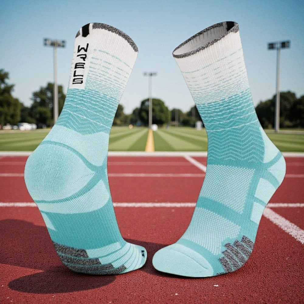 Chaussettes running turquoise et blanc avec compression ciblée, soutien dynamique et confort durable sur piste.