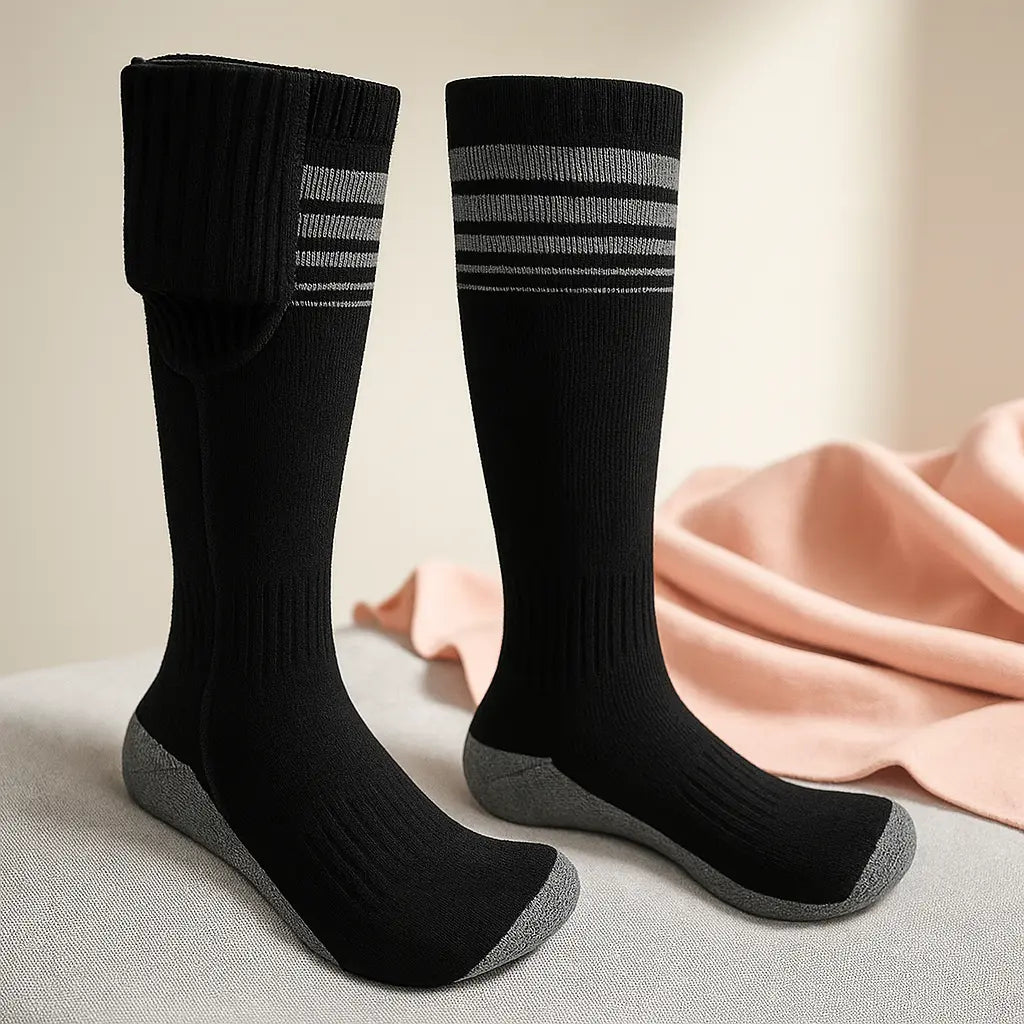Chaussettes thermiques noires pour femme avec semelle grise, posées debout sur un coussin gris clair.