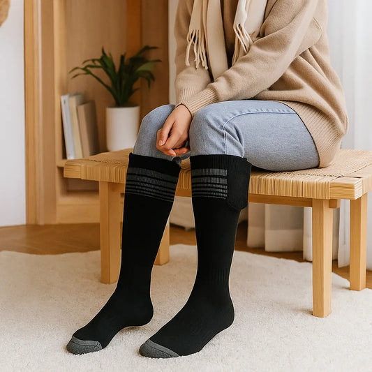 Femme assise portant des chaussettes thermiques noires avec semelle grise, assise sur un banc en bois clair.
