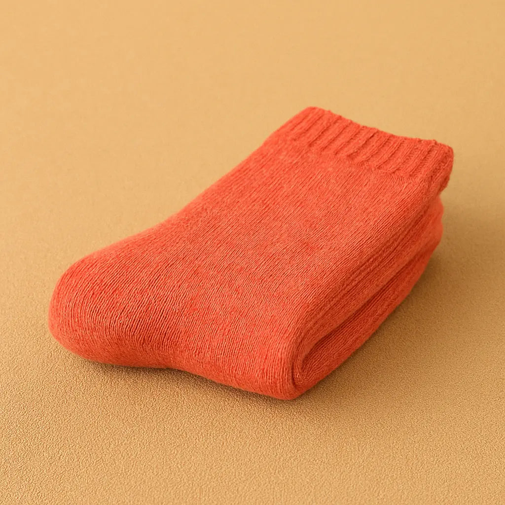 Paire de chaussettes pour homme en cachemire corail, posée sur un fond beige chaleureux.